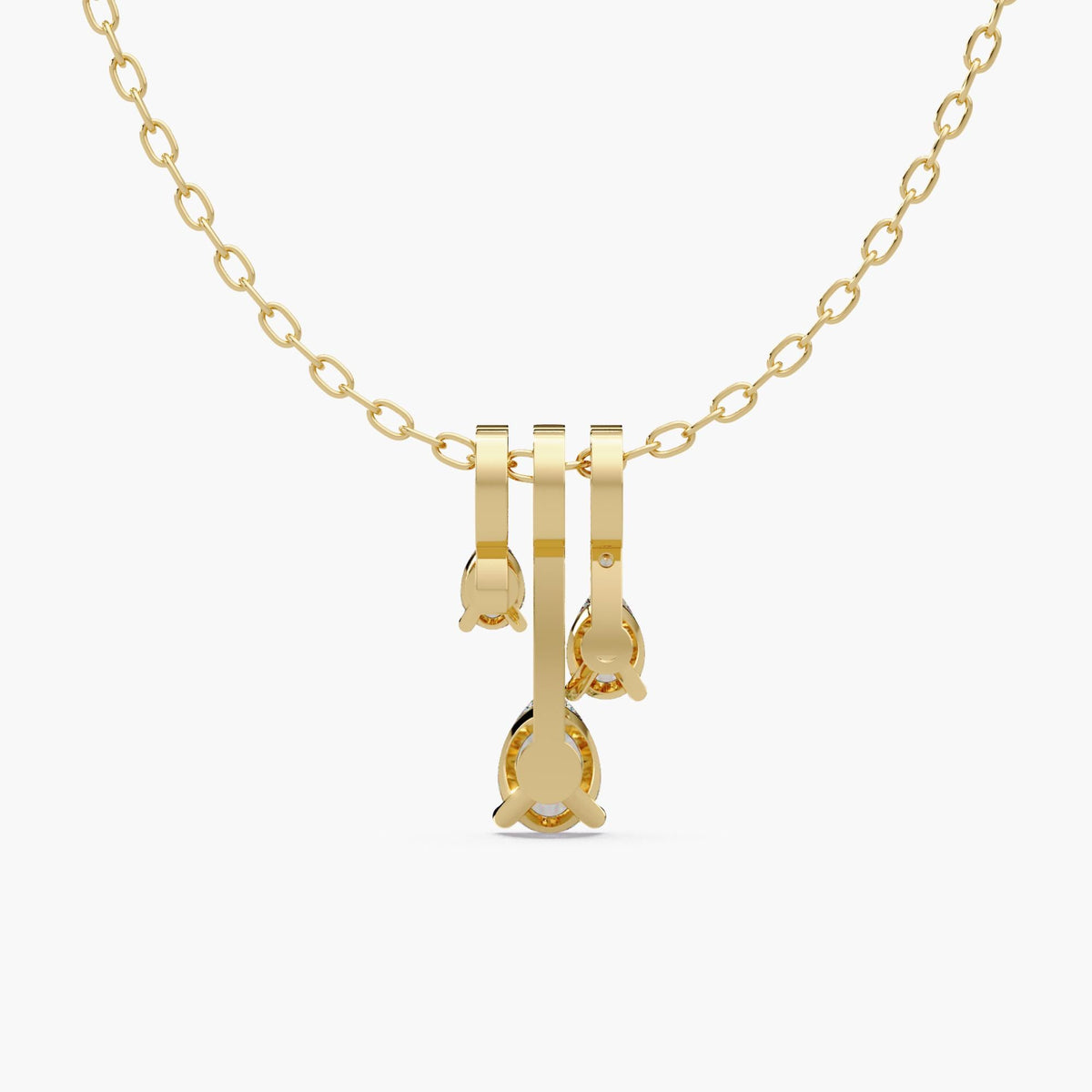 14K yellow gold triple pear lab-grown diamond drop necklace with three graduated pear diamonds and round pavé accents.