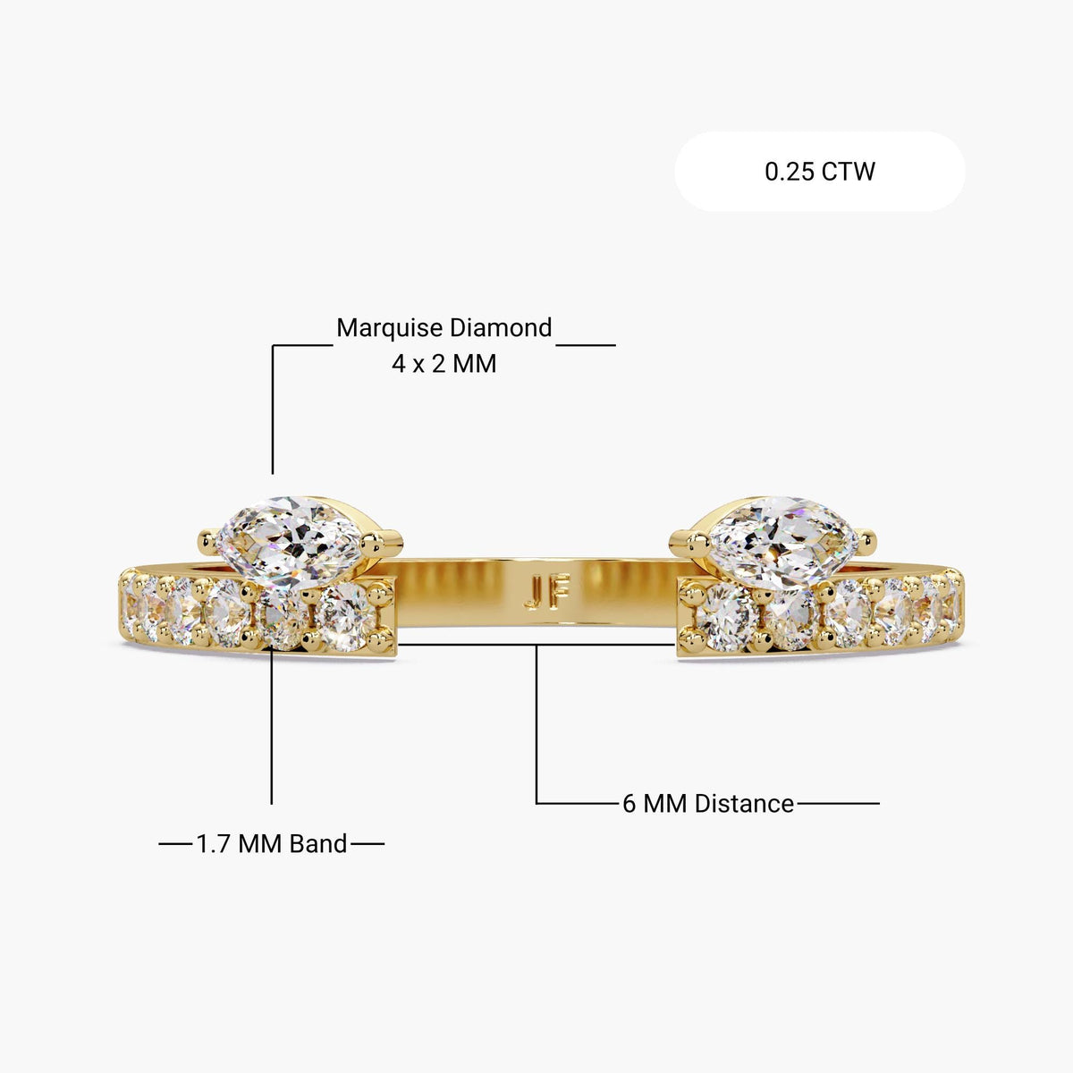 Open Wedding Bands, 6MM Wide Gap Ring, 1.7MM Half Eternity Band, Lab Grown Marquise Gap Ring