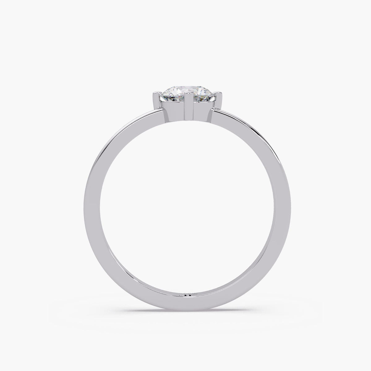 Solitaire engagement ring back view / 1.7 mm solid-gold band / compass-prong diamond setting / round diamond ring profile
