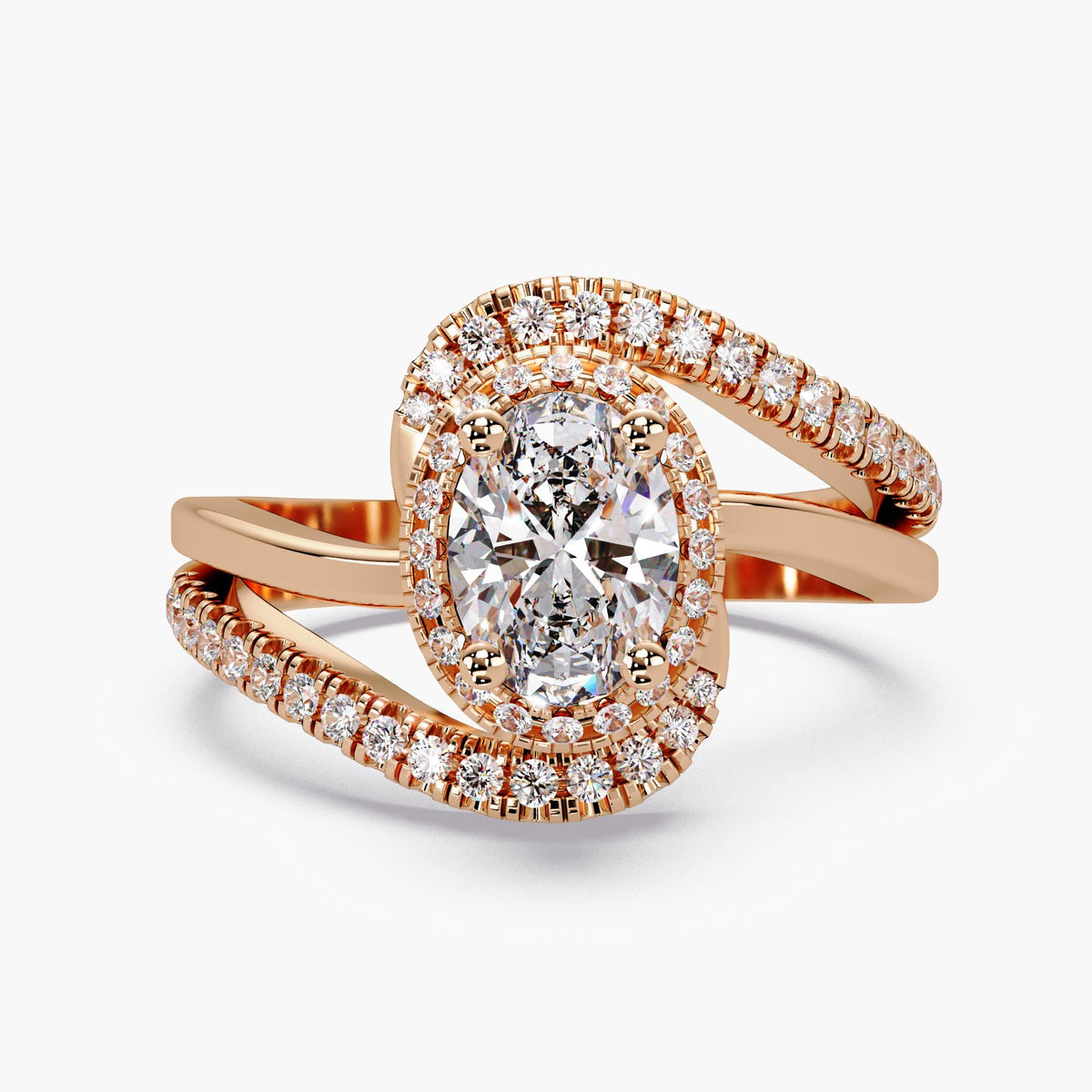 14K rose gold oval lab-grown diamond engagement ring with a 1 CT center, pavé halo and curved bypass band