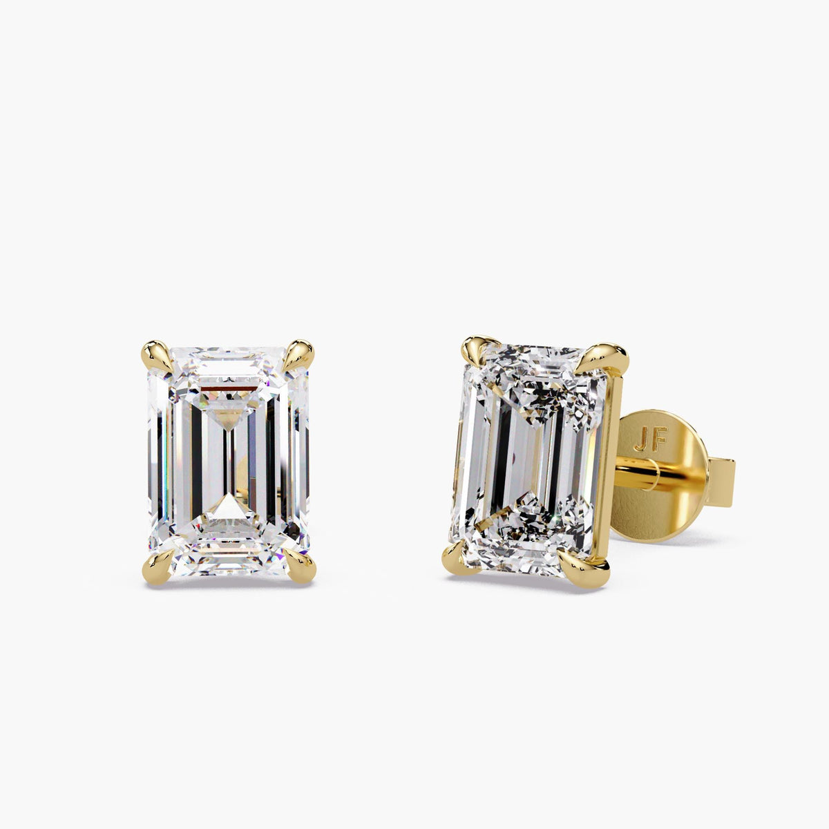 1–4 CTW emerald cut lab grown diamond stud earrings in 14k yellow gold with claw settings and pushback closures, IGI certified solitaire earrings for weddings, bridal wear, anniversaries and everyday wear