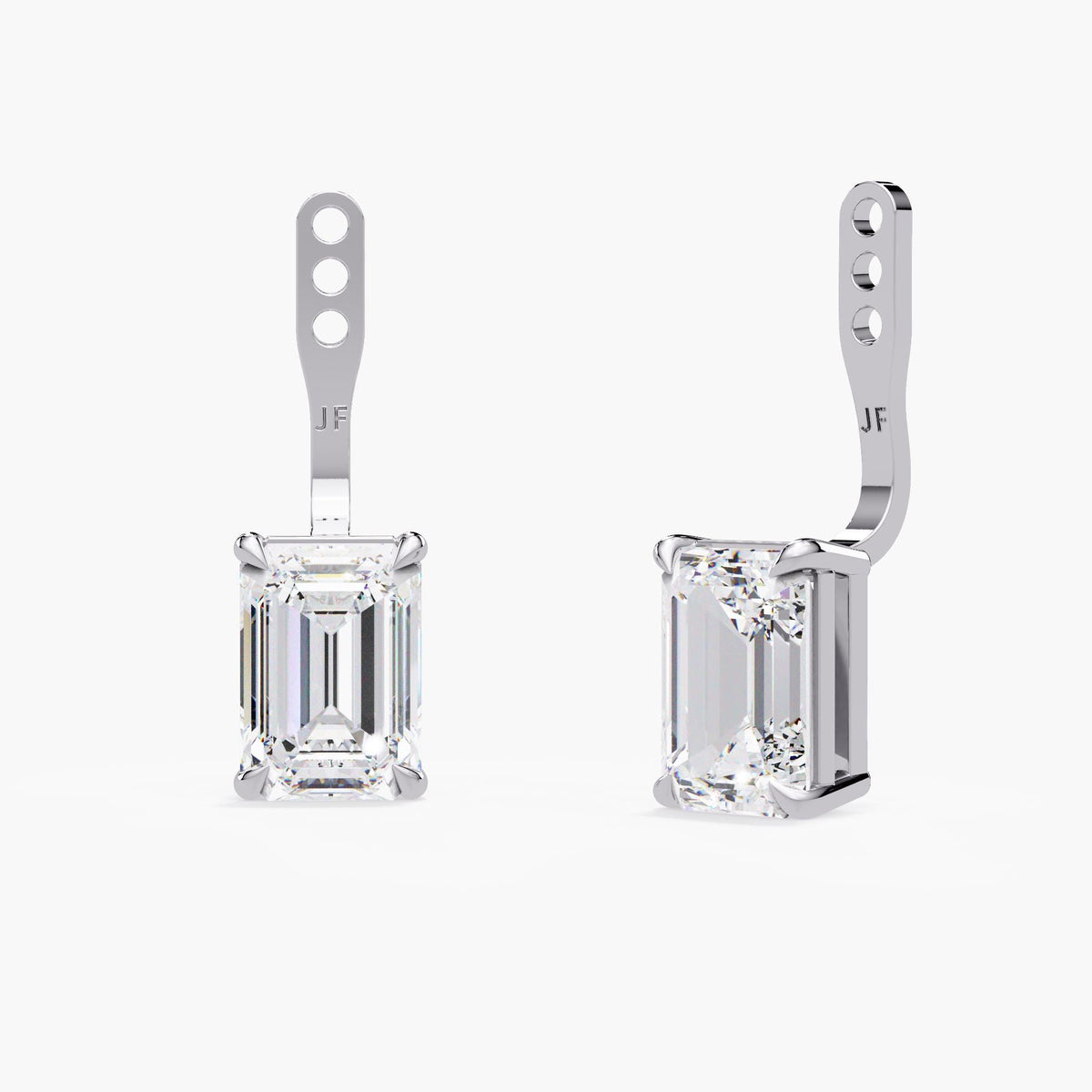 Pair of white gold emerald-cut lab-grown diamond earring jackets with adjustable three-hole bars.
