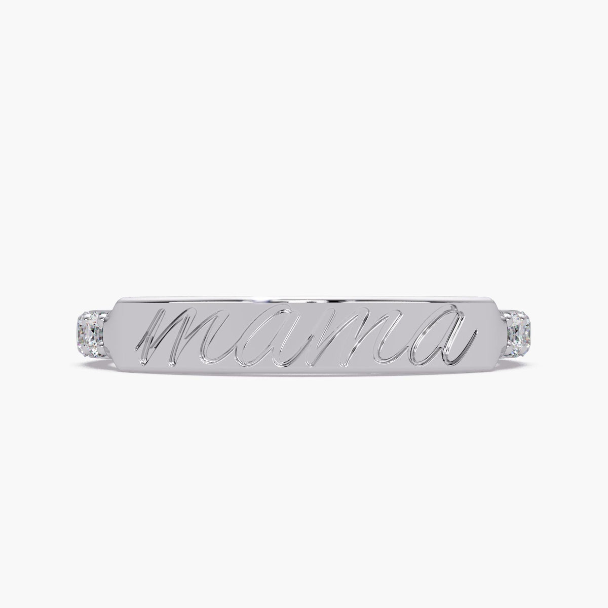 Personalized mama ring in solid 14k white gold with script laser engraving and lab-grown diamond accents, a timeless mother’s ring for everyday wear.