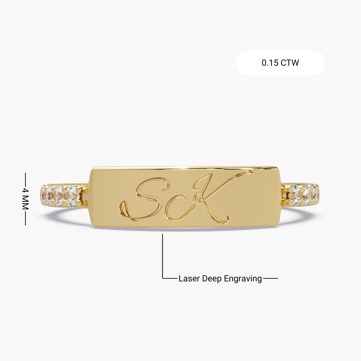 Engravable 14K gold initial ring with a 4 mm bar, deep laser engraving, and 0.15 CTW lab-grown diamonds.