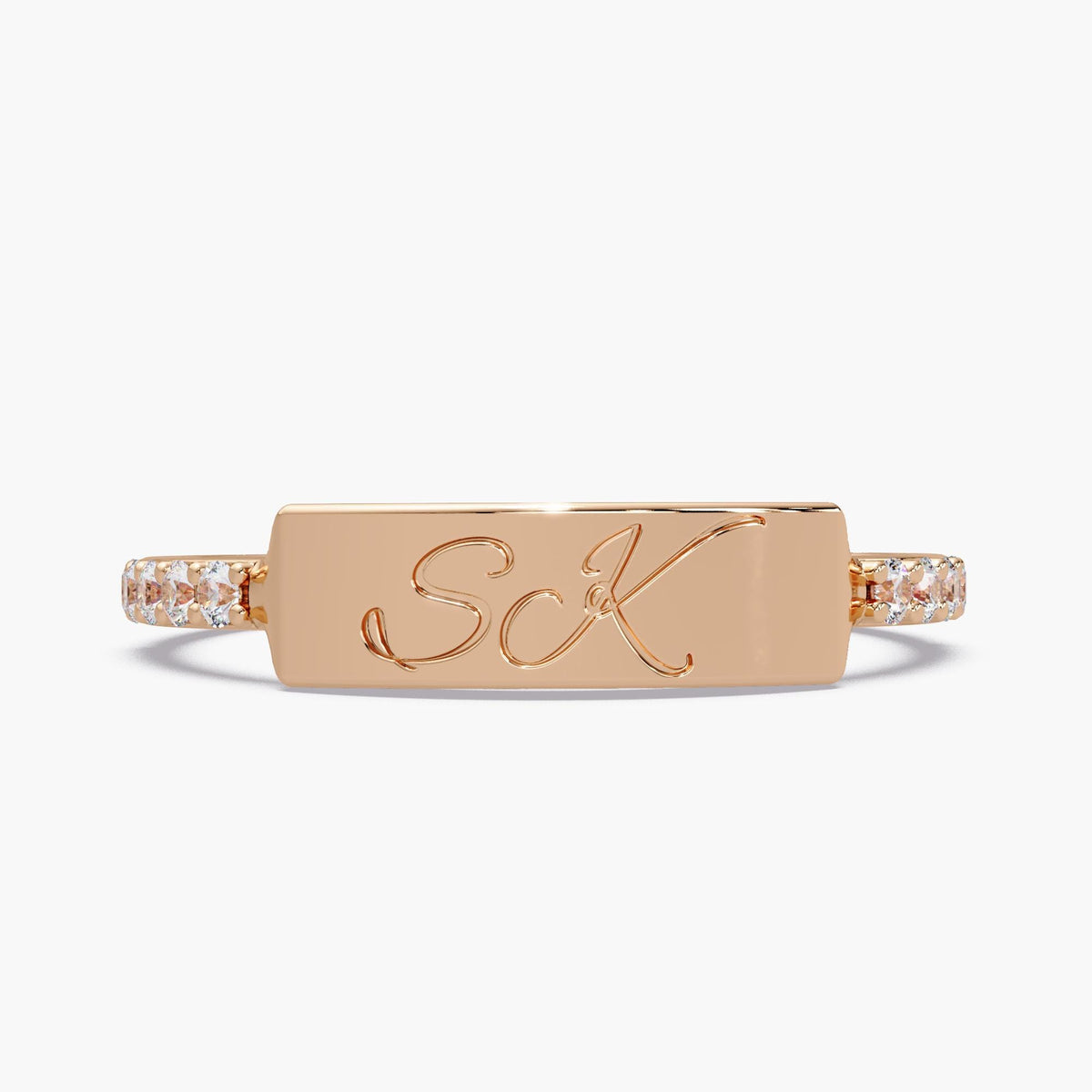 Dainty double initial ring in 14K rose gold with script S and K engraving and round lab-grown diamond accents