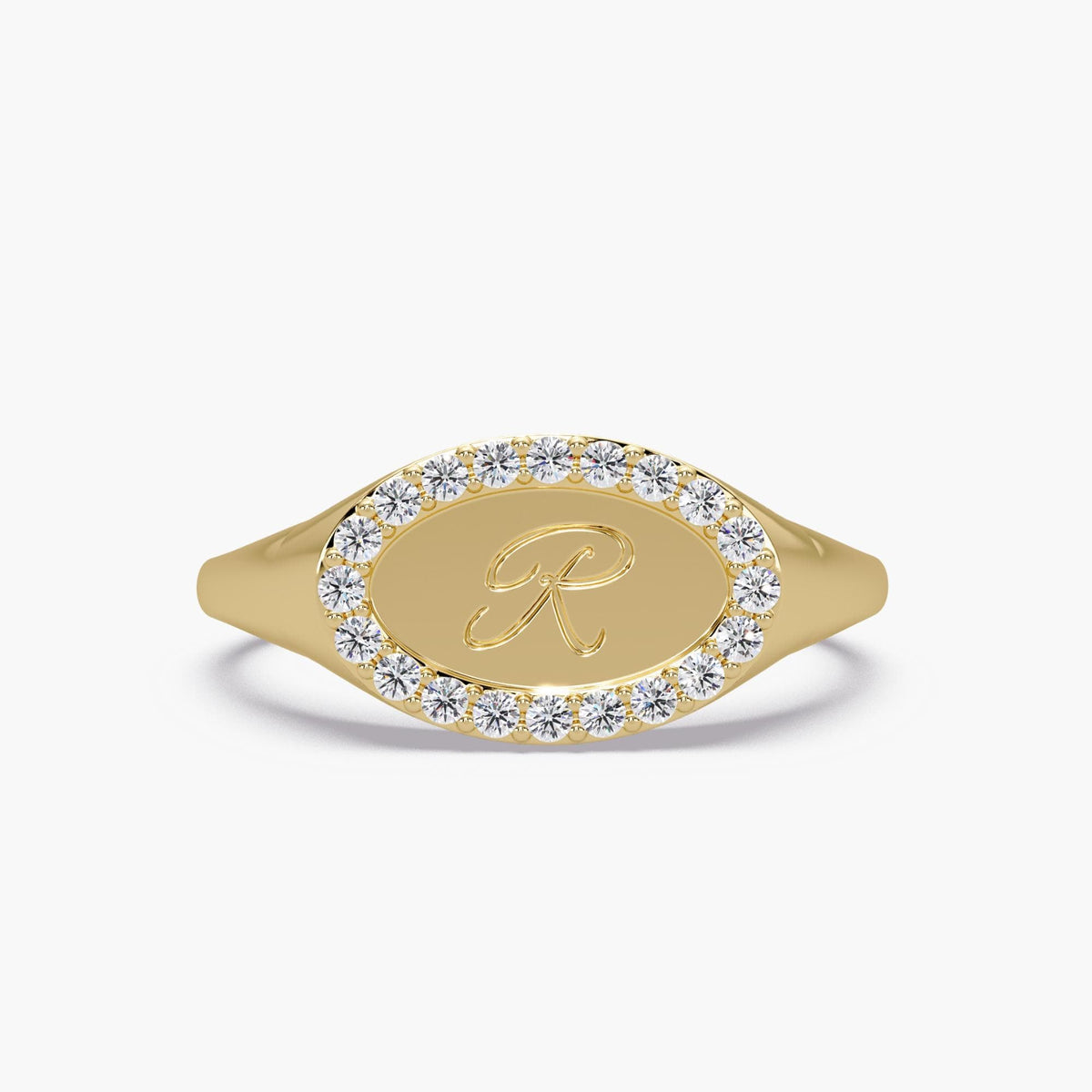 Initial Signet Ring With Natural Diamond in 14K Solid Gold, Diamond Initial Pinky Ring