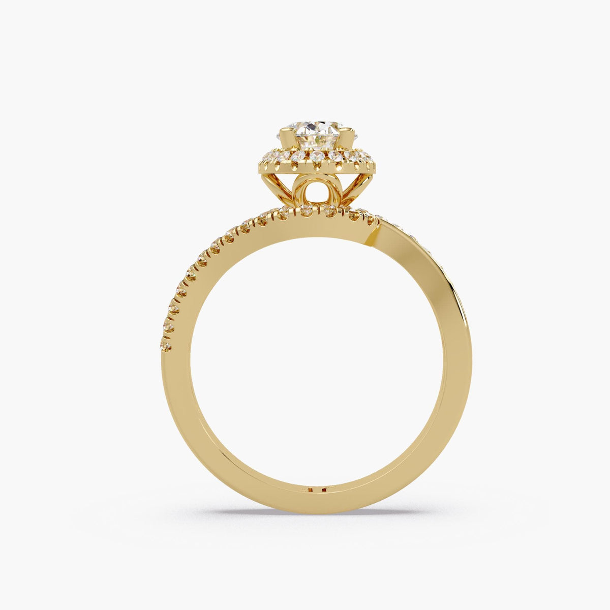 14K yellow gold oval engagement ring with a smooth lower shank, open gallery and raised four-prong center setting