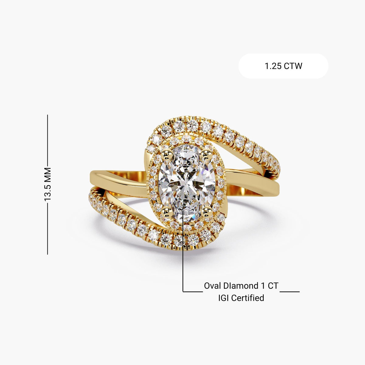 1.25 CTW oval lab-grown diamond ring with a pavé halo and 14K yellow gold bypass setting