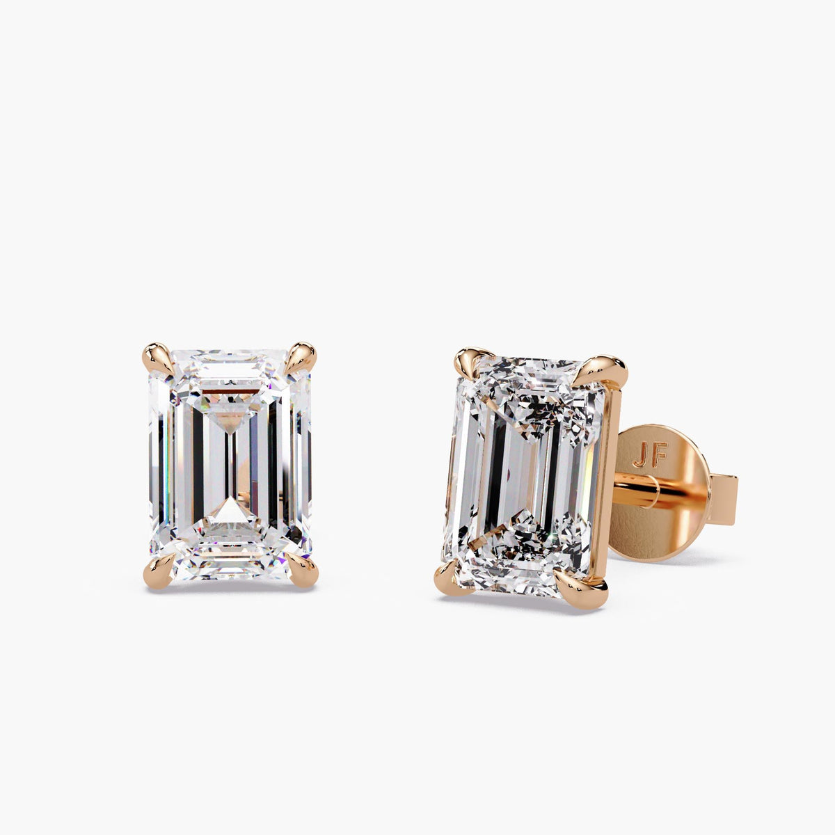 14k rose gold emerald cut lab grown diamond solitaire earrings with four claw settings and pushback closures, statement studs for milestone and anniversary gifts