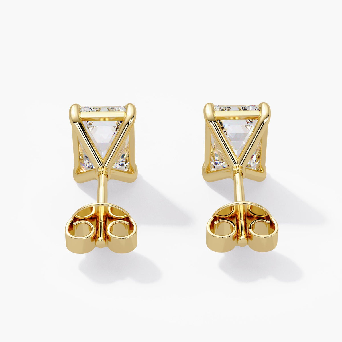 14k yellow gold lab grown emerald cut diamond studs with open basket claw settings and butterfly pushback closures, minimalist earrings for anniversary gifts and everyday wear