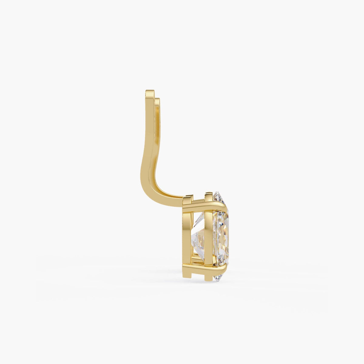 14K yellow gold adjustable earring enhancer with a curved three-position bar and claw-set oval lab-grown diamond drop for attaching behind a stud earring.