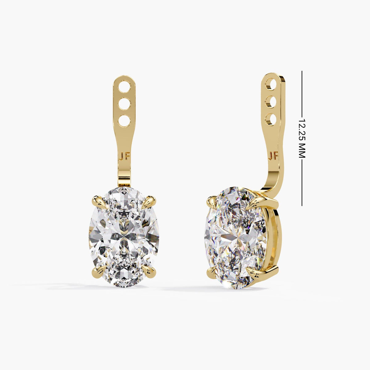 Oval lab-grown diamond earring jackets in 14K yellow gold with a 12.25 mm adjustable bar, three stud placement holes and claw-set diamond drops.