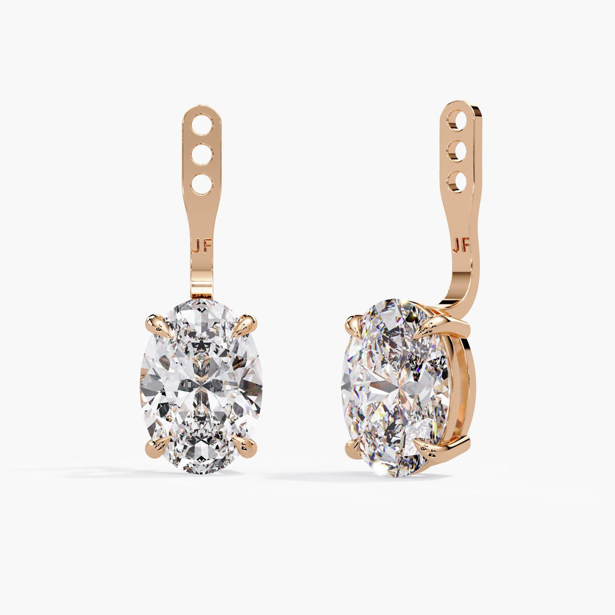 14K rose gold oval diamond earring jackets for studs with lab-grown diamond drops, four-claw settings and three adjustable placement holes.