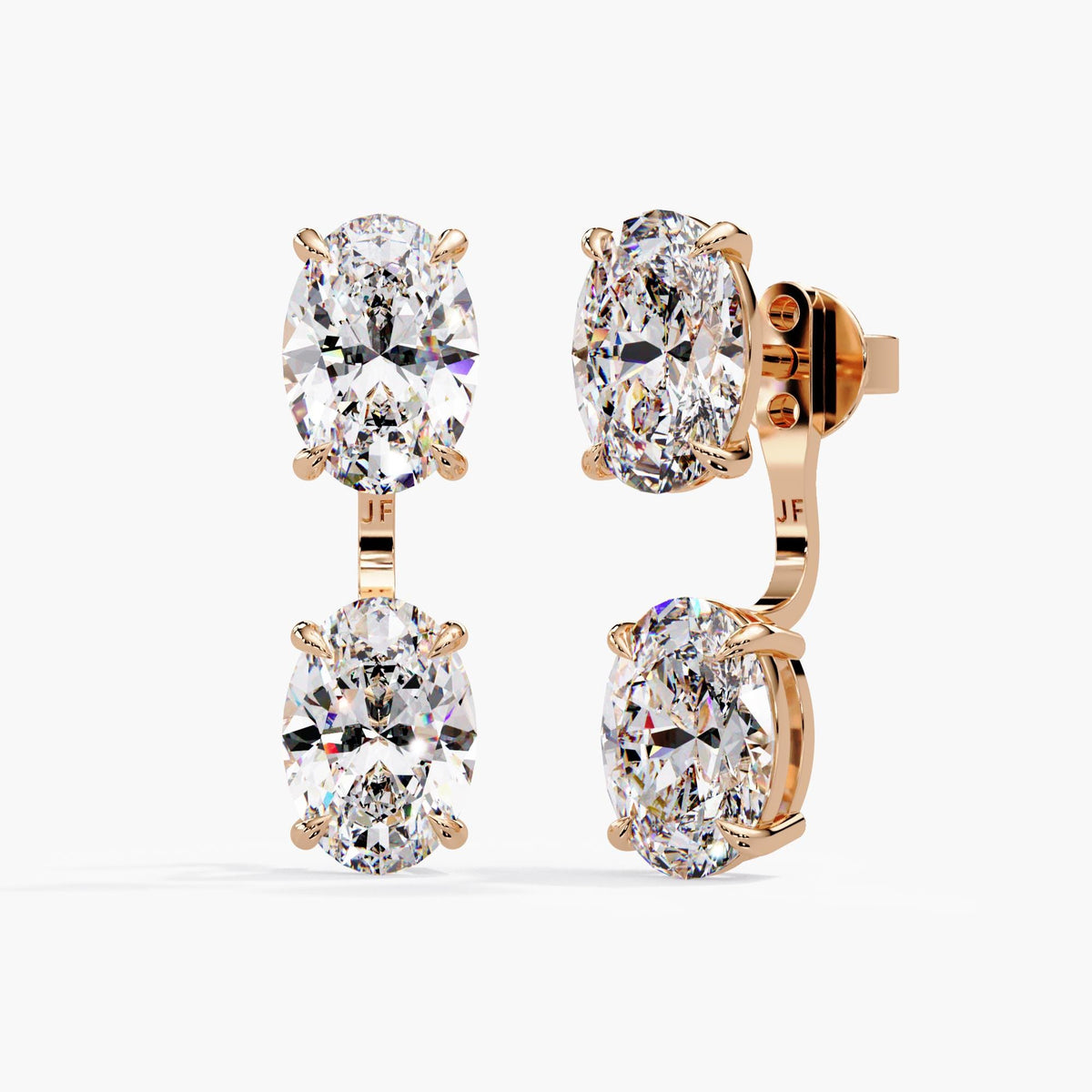 14K rose gold diamond drop earring jackets paired with oval lab-grown diamond studs to create a two-stone bridal earring design.