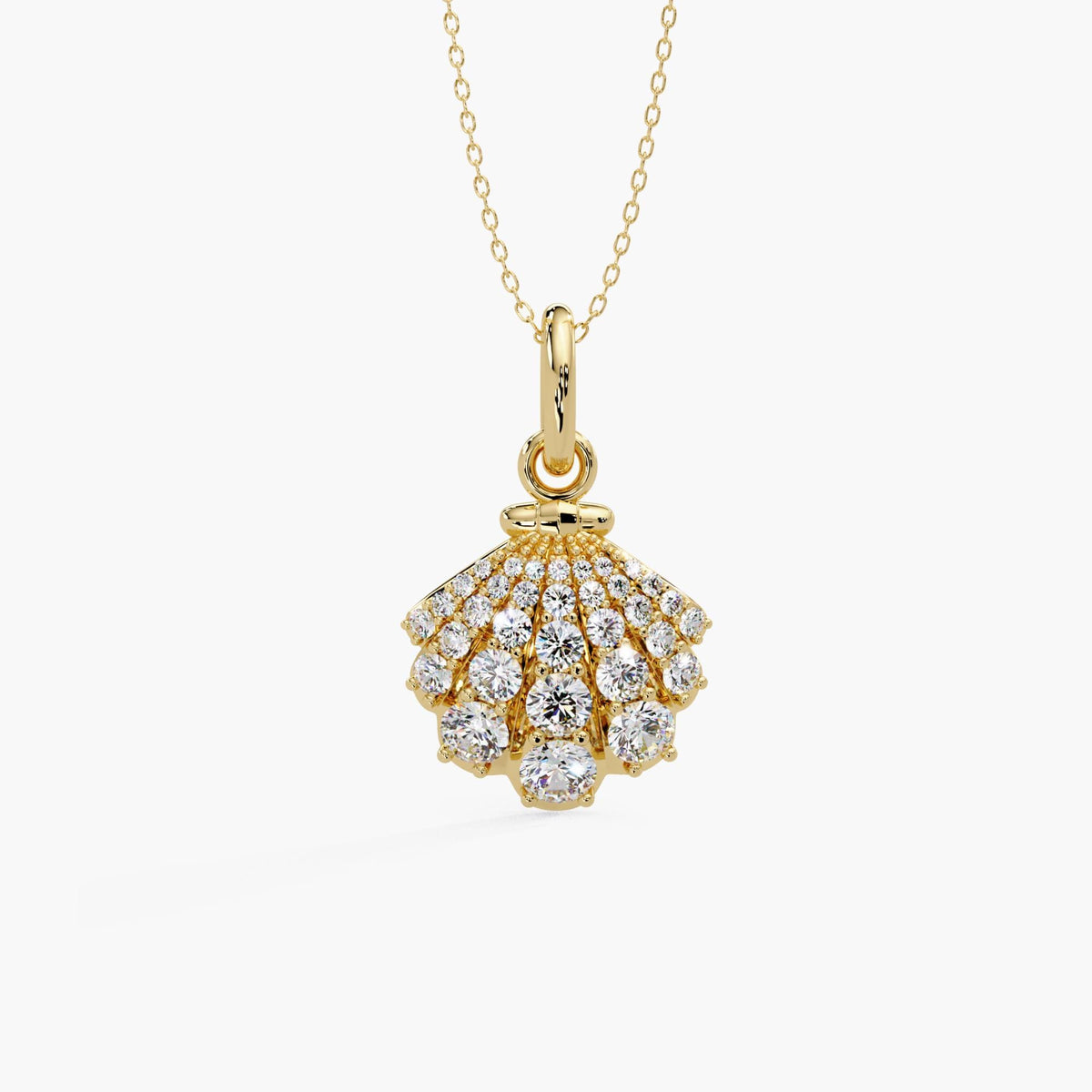 Diamond shell necklace / 14K yellow gold seashell pendant / 1 CTW round lab grown diamonds / 18 inch cable chain