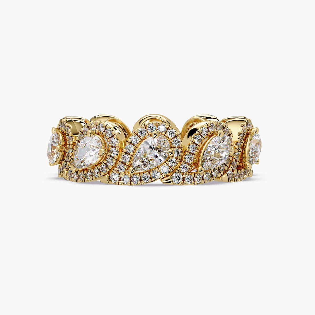 Pear lab grown diamond eternity band in 14K yellow gold / Diagonal pear diamonds surrounded by round pavé halos / Scalloped teardrop design