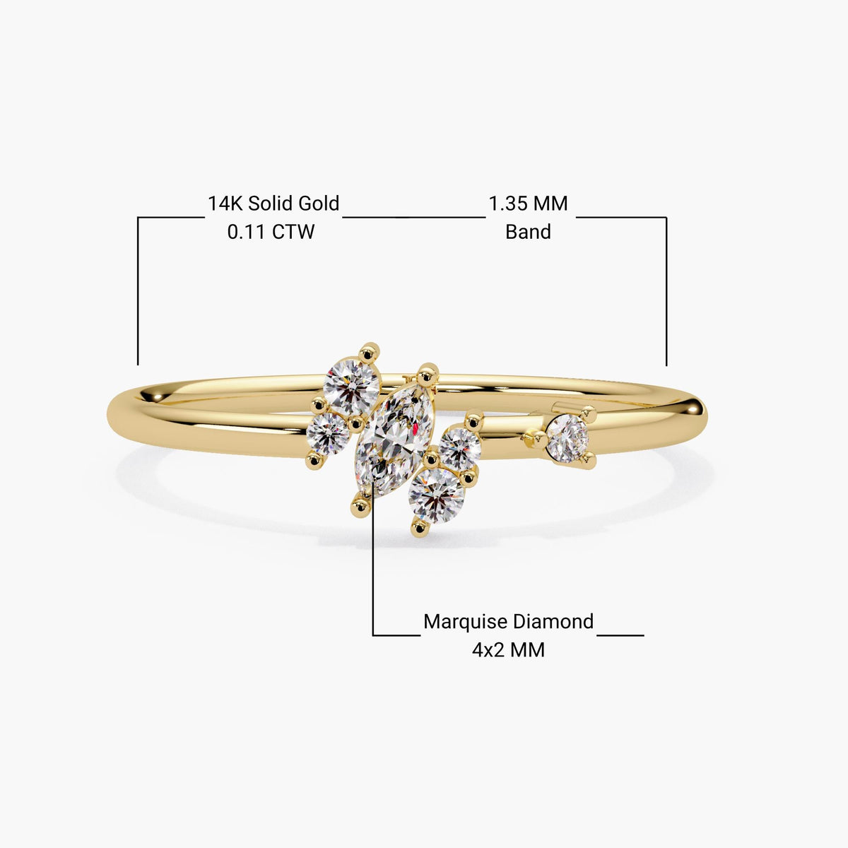 14k solid gold marquise cluster ring with 4x2mm marquise diamond and the 1.35mm band width.