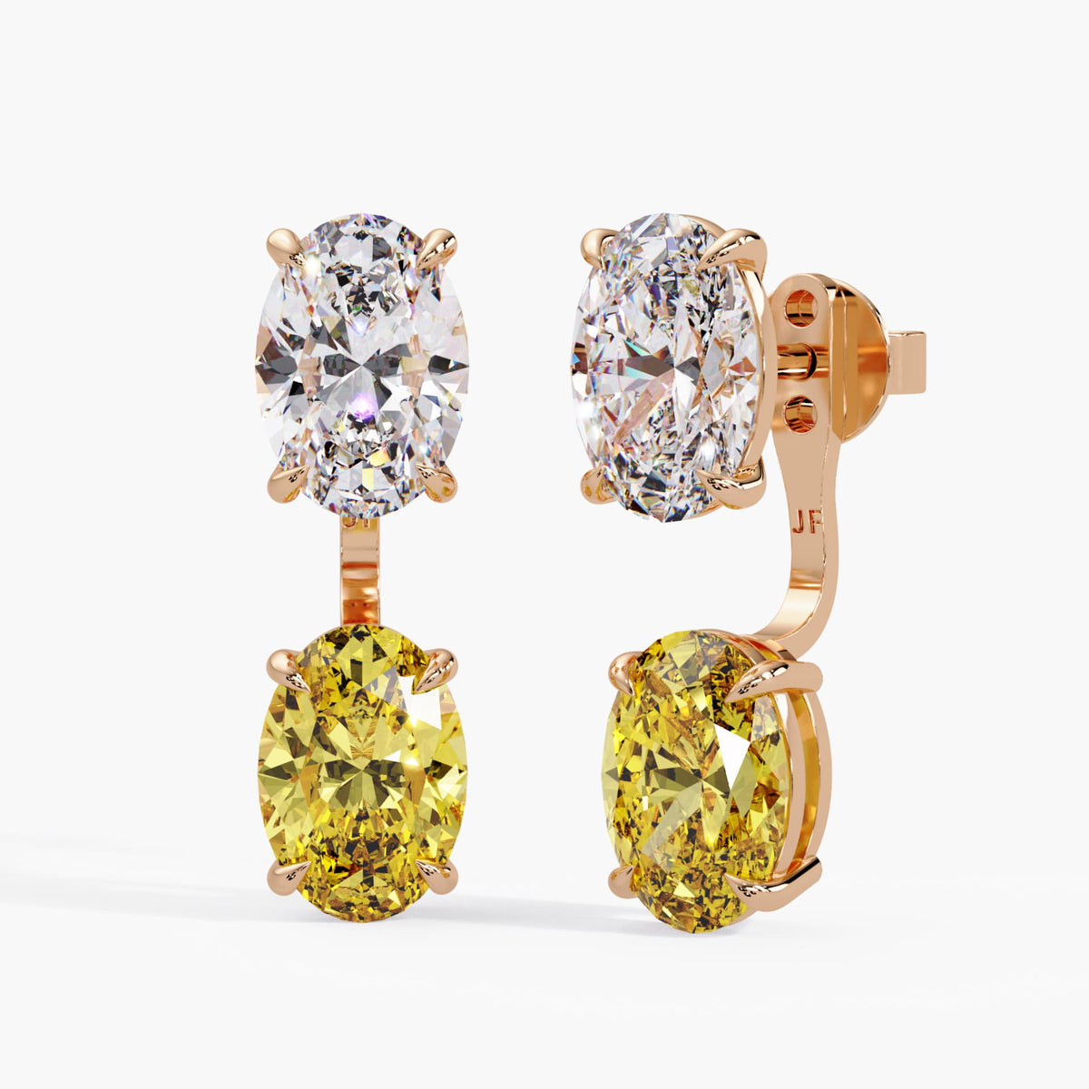 Rose gold yellow diamond jackets paired with white oval diamond studs / two-stone combination