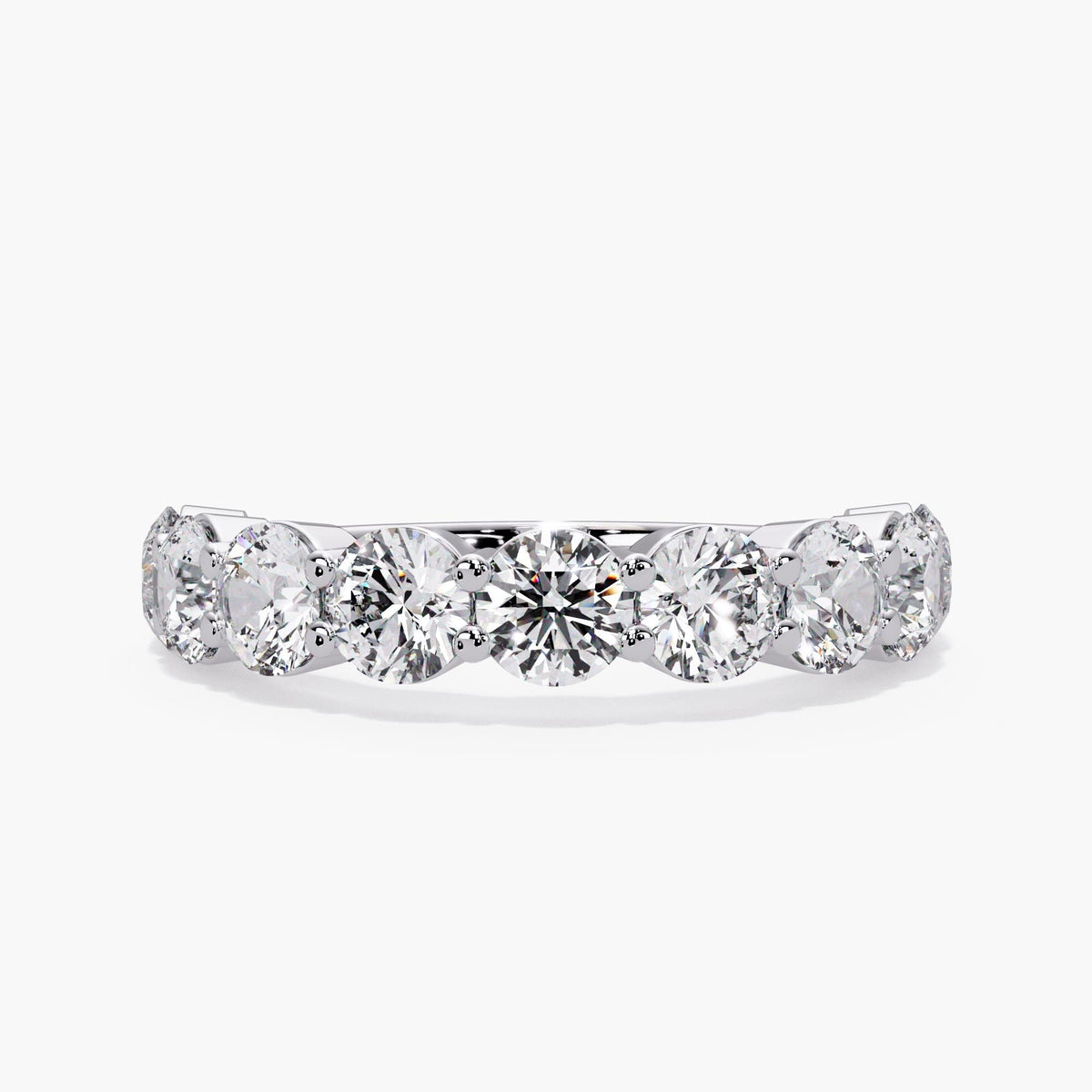 14K white gold lab grown diamond wedding band with nine round diamonds