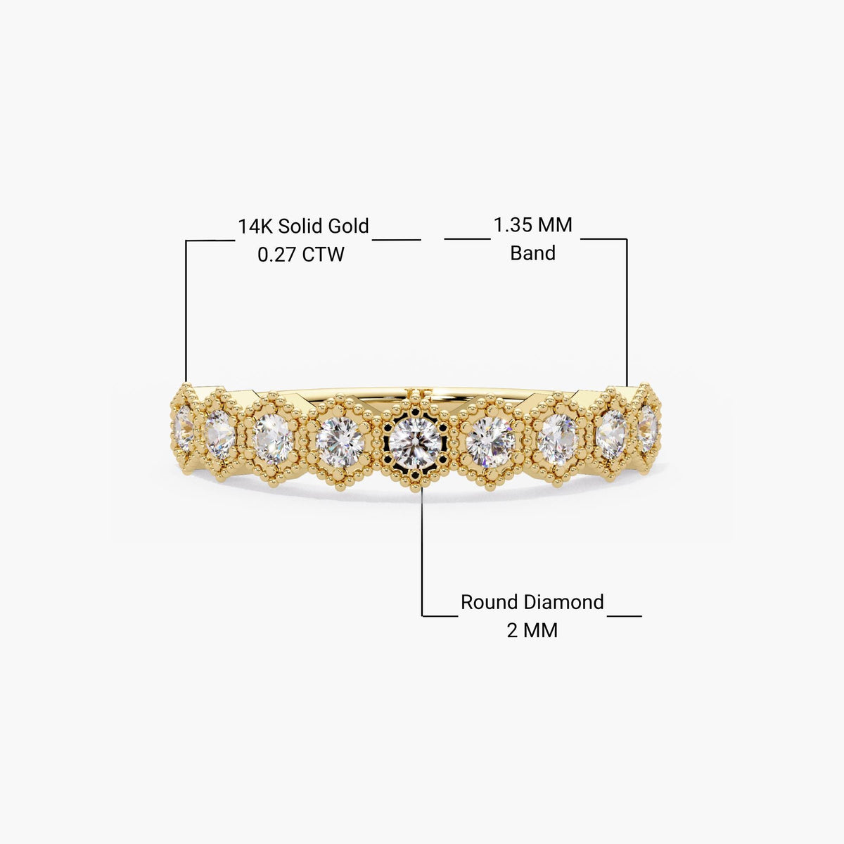 Milgrain diamond wedding band crafted in 14K solid yellow gold with nine round natural diamonds in pavé settings.