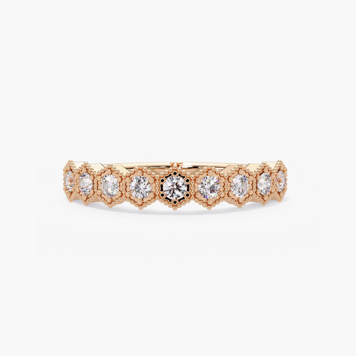 14K rose gold natural diamond anniversary band with nine round diamonds and milgrain-edged hexagonal frames.