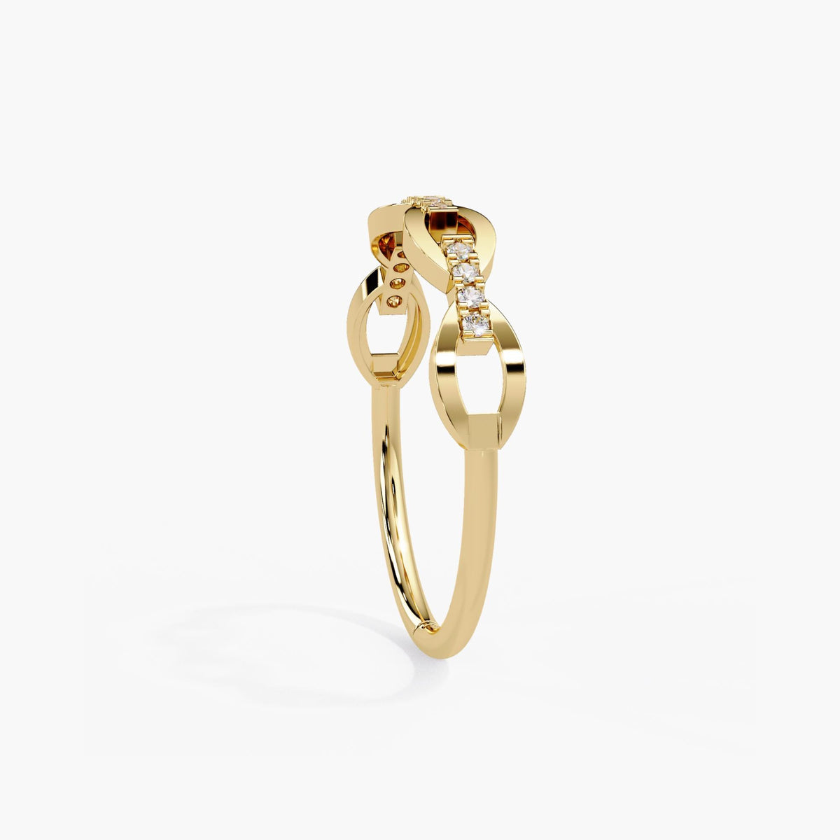 Open link diamond ring in 14K yellow gold, with curved gold links, diamond-set connecting bars and a slender polished shank.