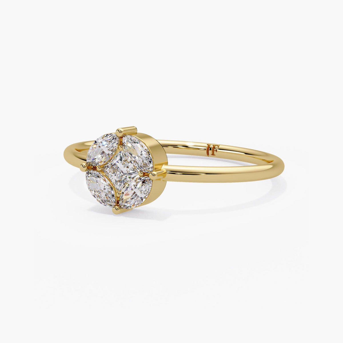 Princess and marquise diamond ring in yellow gold, featuring a five-stone floral cluster, polished band and prong settings.