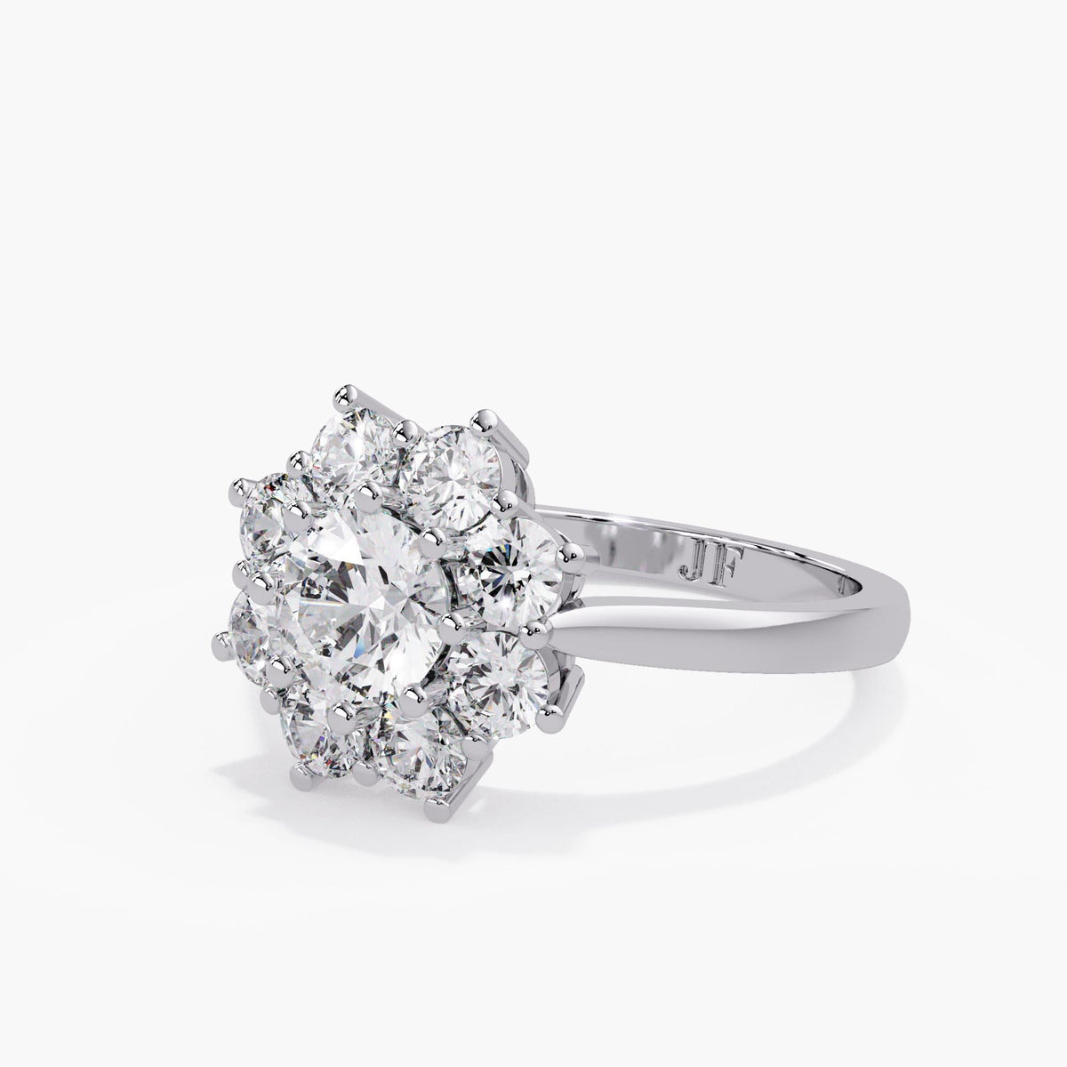 14K white gold lab grown diamond flower ring from a second angle, showing the petal halo, prong settings and polished inner shank.