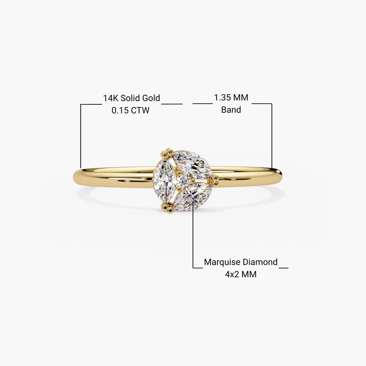 14k solid gold marquise cluster ring with 4x2mm marquise diamonds on a 1.35mm band.