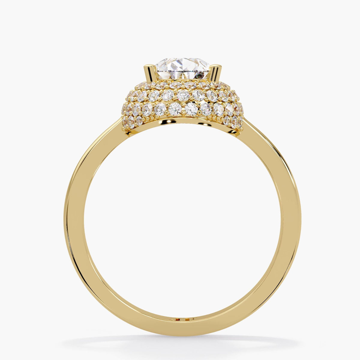 Second measurement view of the yellow gold pear diamond halo ring, labeling the 1.40 CTW total weight and the ring top dimensions.