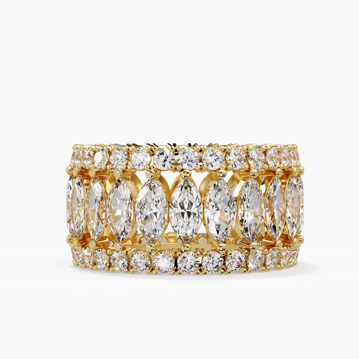 Marquise lab grown diamond eternity band in 14K solid yellow gold, with upright marquise diamonds between two rows of round diamonds and open gold detailing.