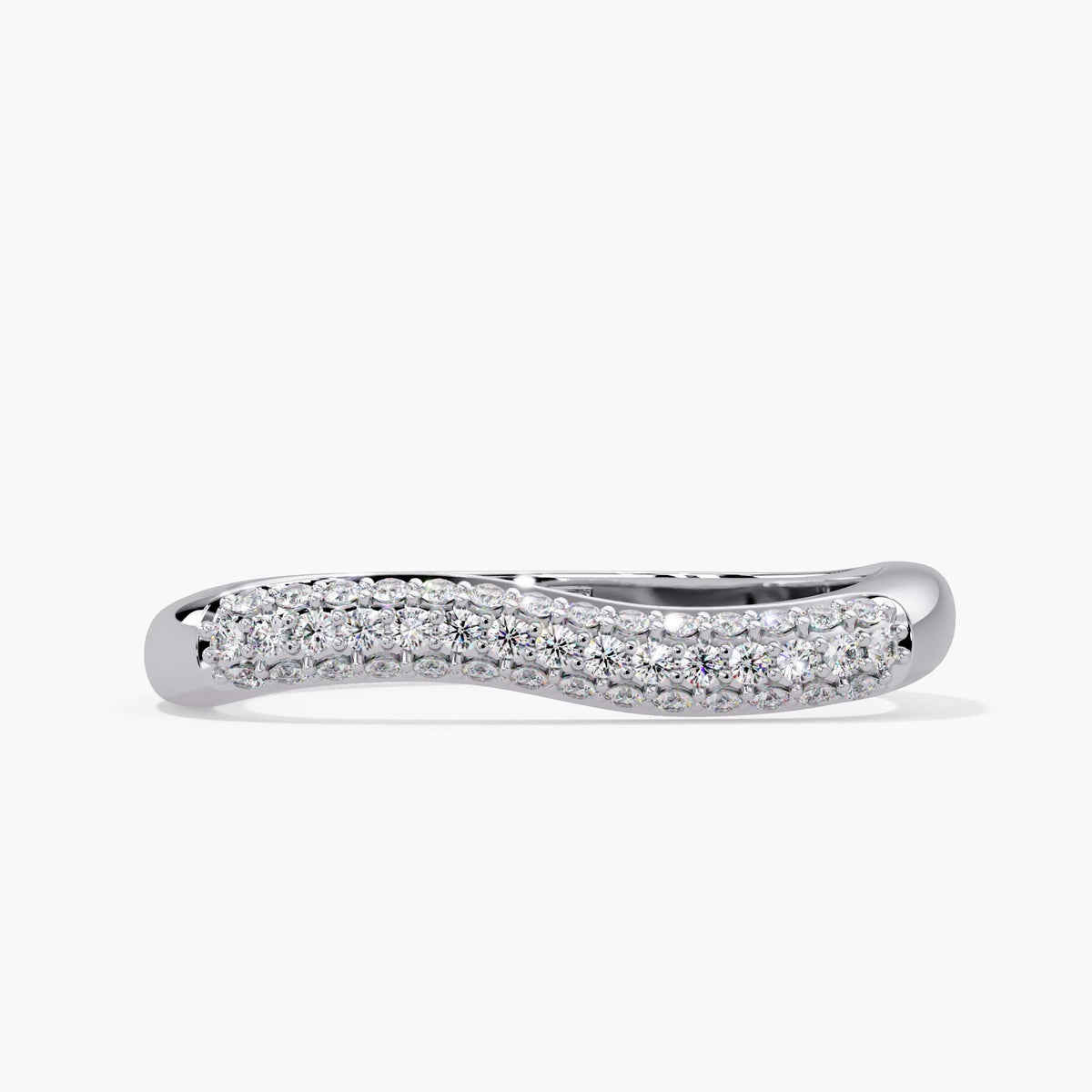 Natural diamond wave wedding band in 14K solid white gold, with three rows of round pavé diamonds curving between smooth polished gold shoulders.