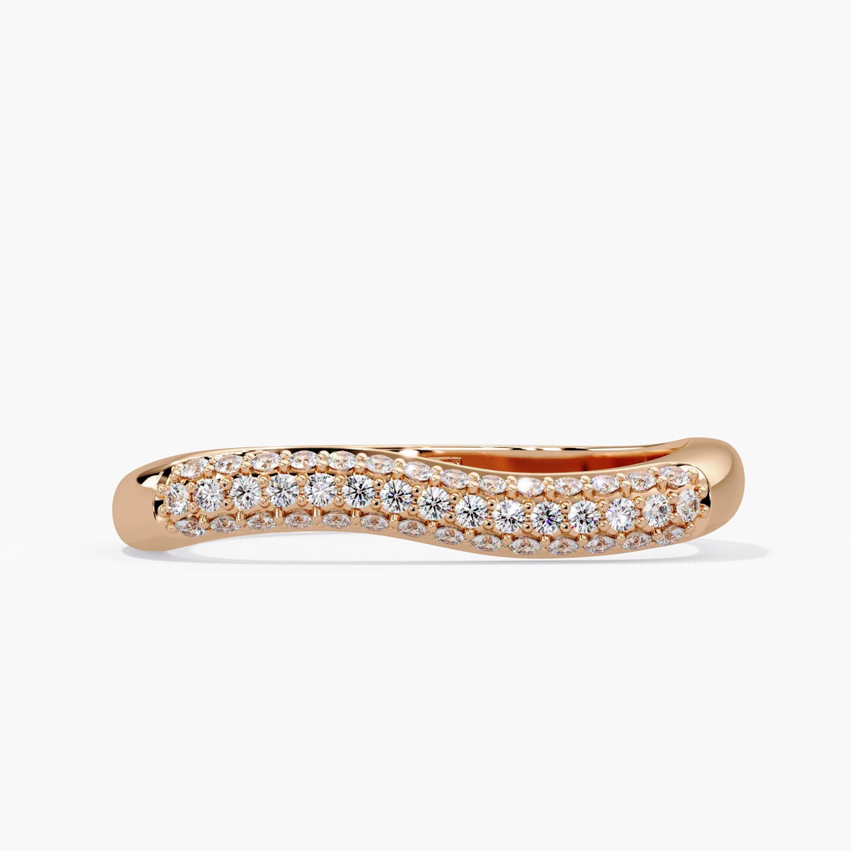 Rose gold natural diamond anniversary band with three rows of round brilliant diamonds tracing a gentle wave across the front of a slim 14K gold ring.
