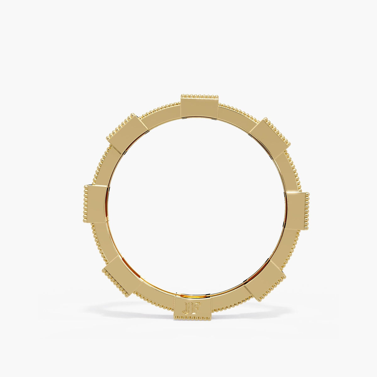 Yellow gold lab diamond eternity ring standing upright, showing the full circle of round diamonds and the milgrain-edged square frames.