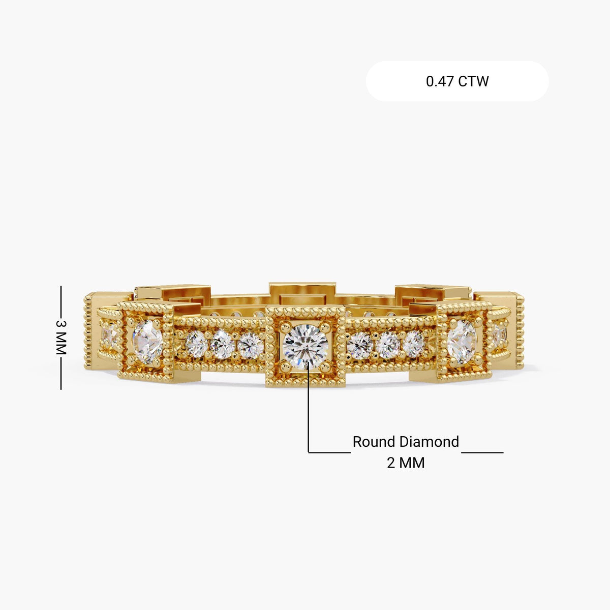 Yellow gold lab grown diamond pavé band with labels showing a 3 mm band width and 2 mm round diamonds in square milgrain frames, joined by smaller diamond sections.