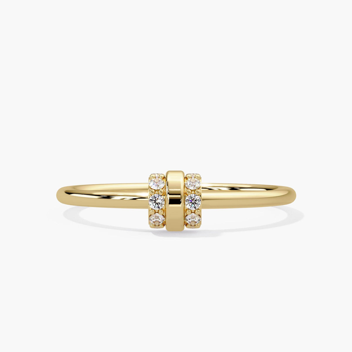 14K yellow gold double bar pavé diamond ring with ten round diamonds and a polished centre bar
