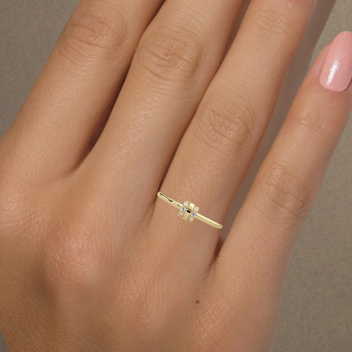 14K yellow gold double bar pavé diamond ring with ten round diamonds and a polished centre bar