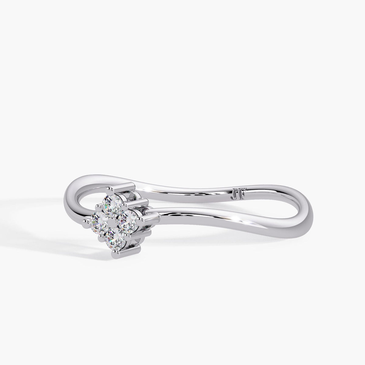 14K white gold curved wave ring with four round diamonds set in a flower diamond cluster
