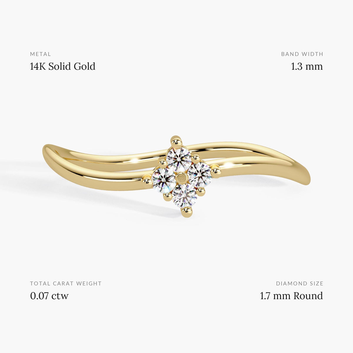 14K yellow gold curved wave diamond ring on a slim 1.3 mm band