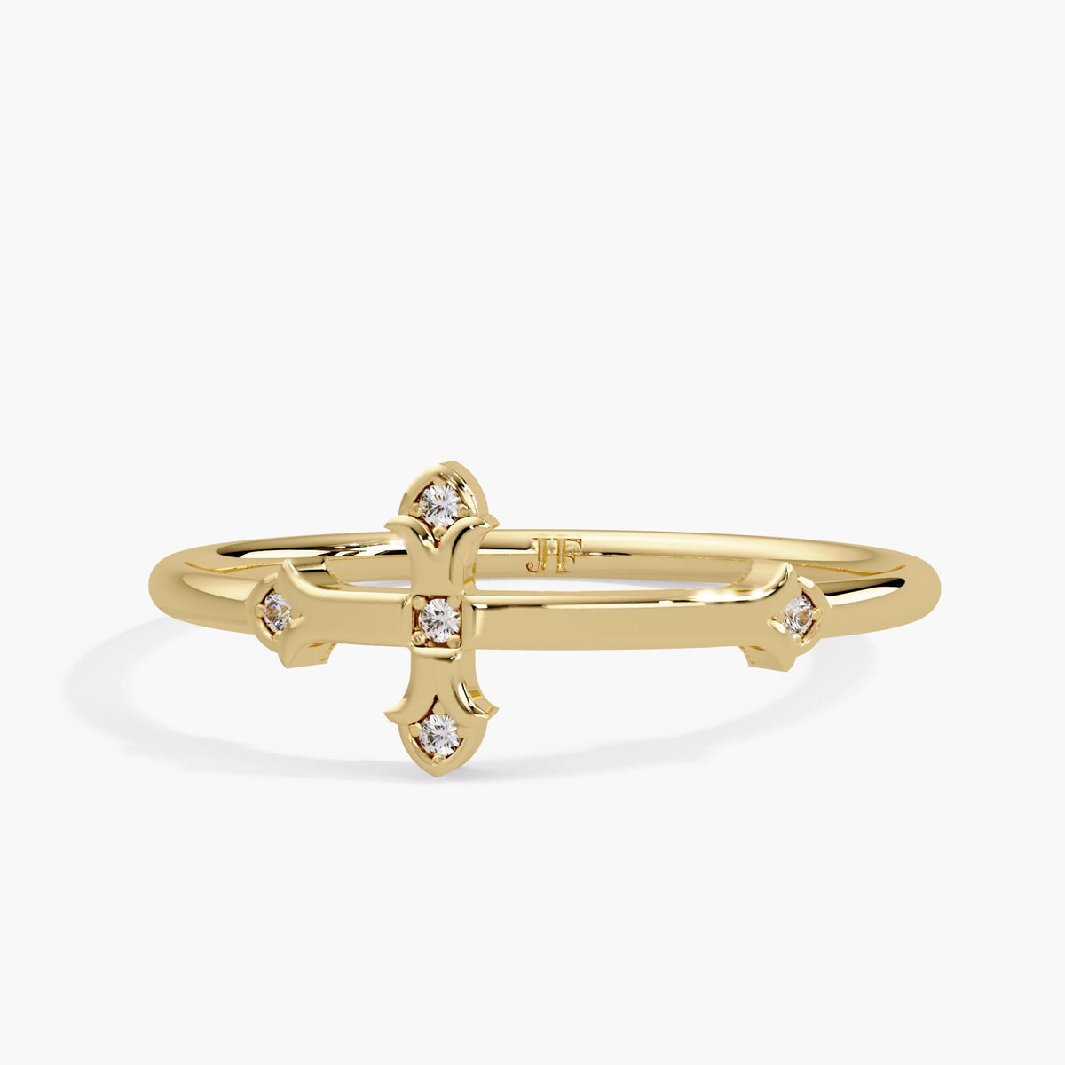 Dainty 14K yellow gold diamond cross ring with five round diamonds