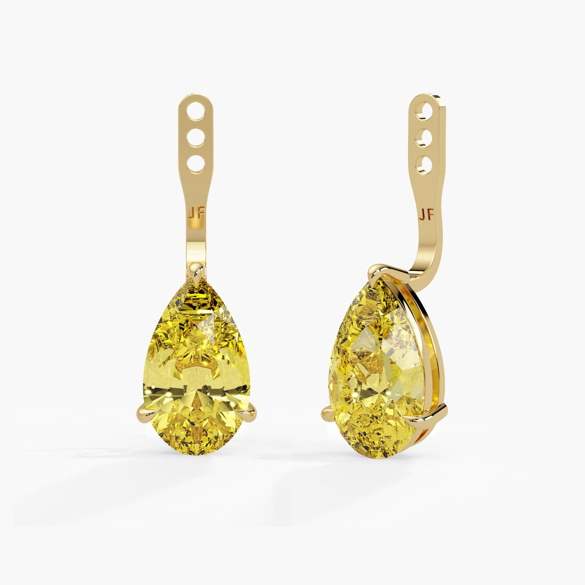 Pear yellow lab grown diamond earring jackets in 14K yellow gold, featuring IGI certified diamonds, claw settings and three attachment holes.