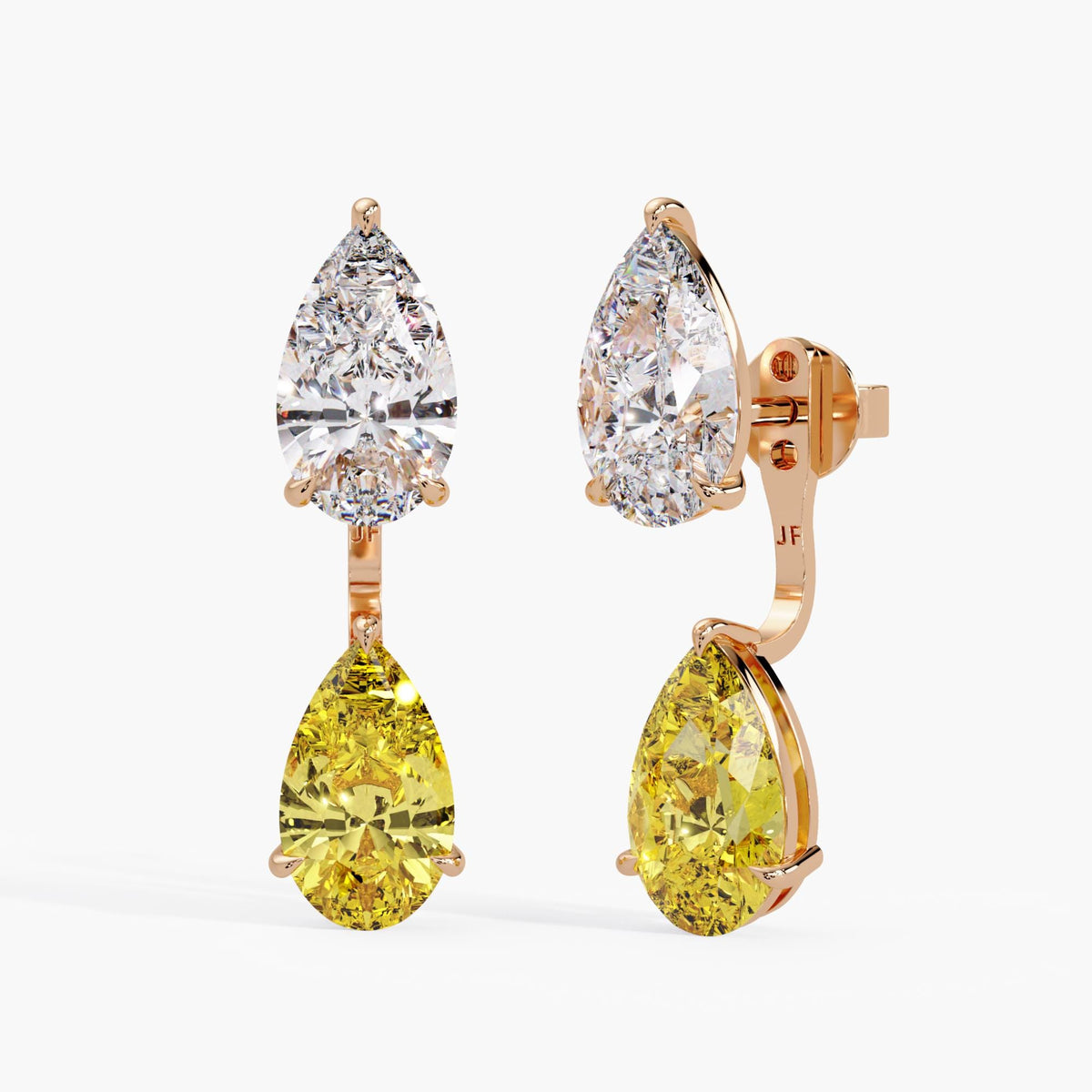 Rose gold earring jackets with yellow pear lab created diamonds, paired with white pear studs to form two-stone drop earrings. Studs are shown for styling and are not included.