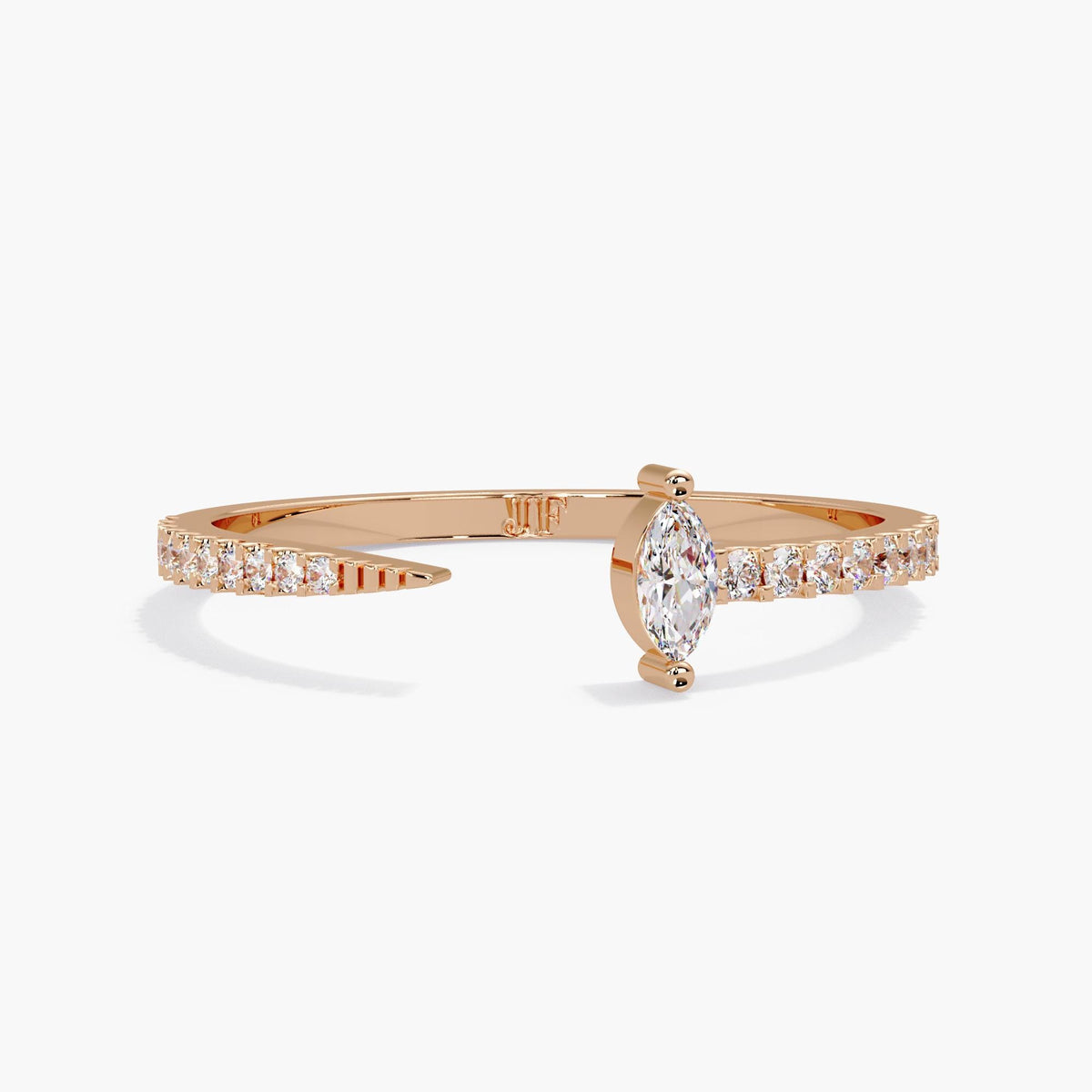 14K rose gold open cuff ring with a 4 × 2 mm marquise lab diamond