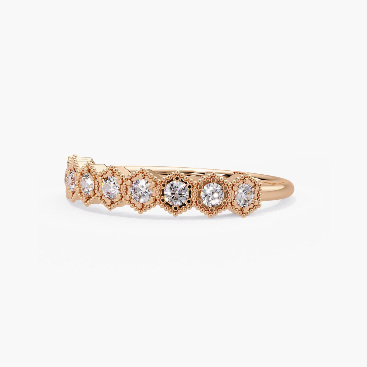 Rose gold diamond stacking ring featuring a geometric pattern, delicate gold beading and 0.27CTW of natural diamonds.