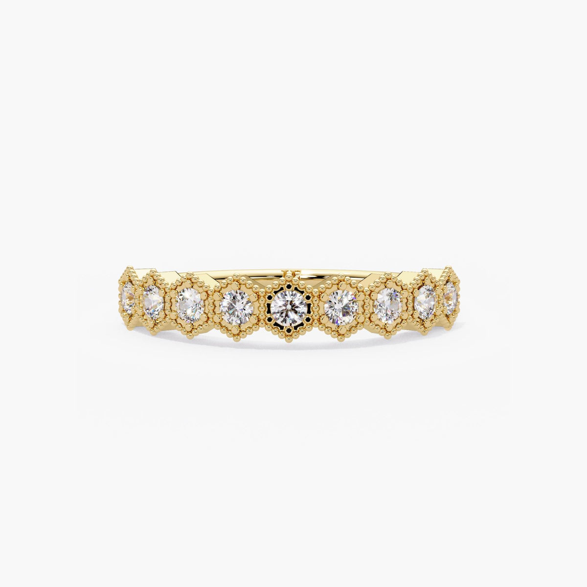 14K yellow gold natural diamond wedding band with nine round diamonds, hexagonal frames and delicate milgrain borders, totaling 0.27CTW.