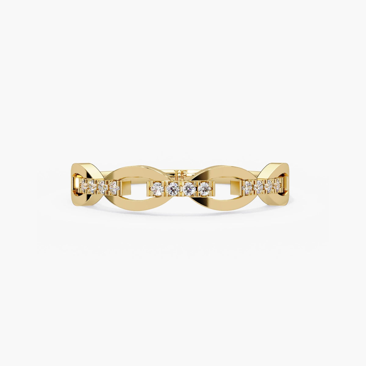 14K yellow gold natural diamond chain link ring with polished oval links joined by pavé diamond bars and a delicate openwork design.