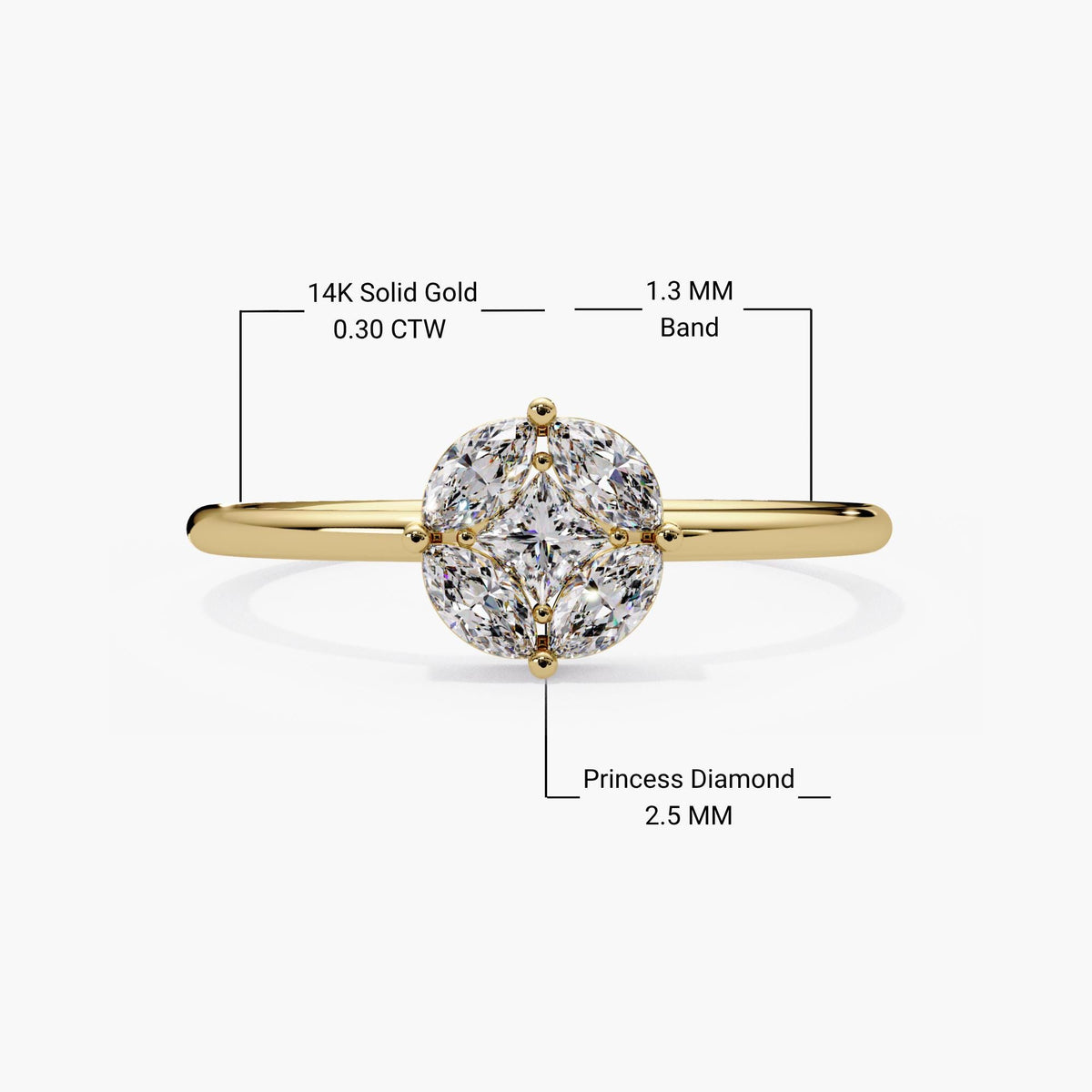 Dainty lab grown diamond flower ring in 14K solid yellow gold with a square princess-cut center and four marquise petals.