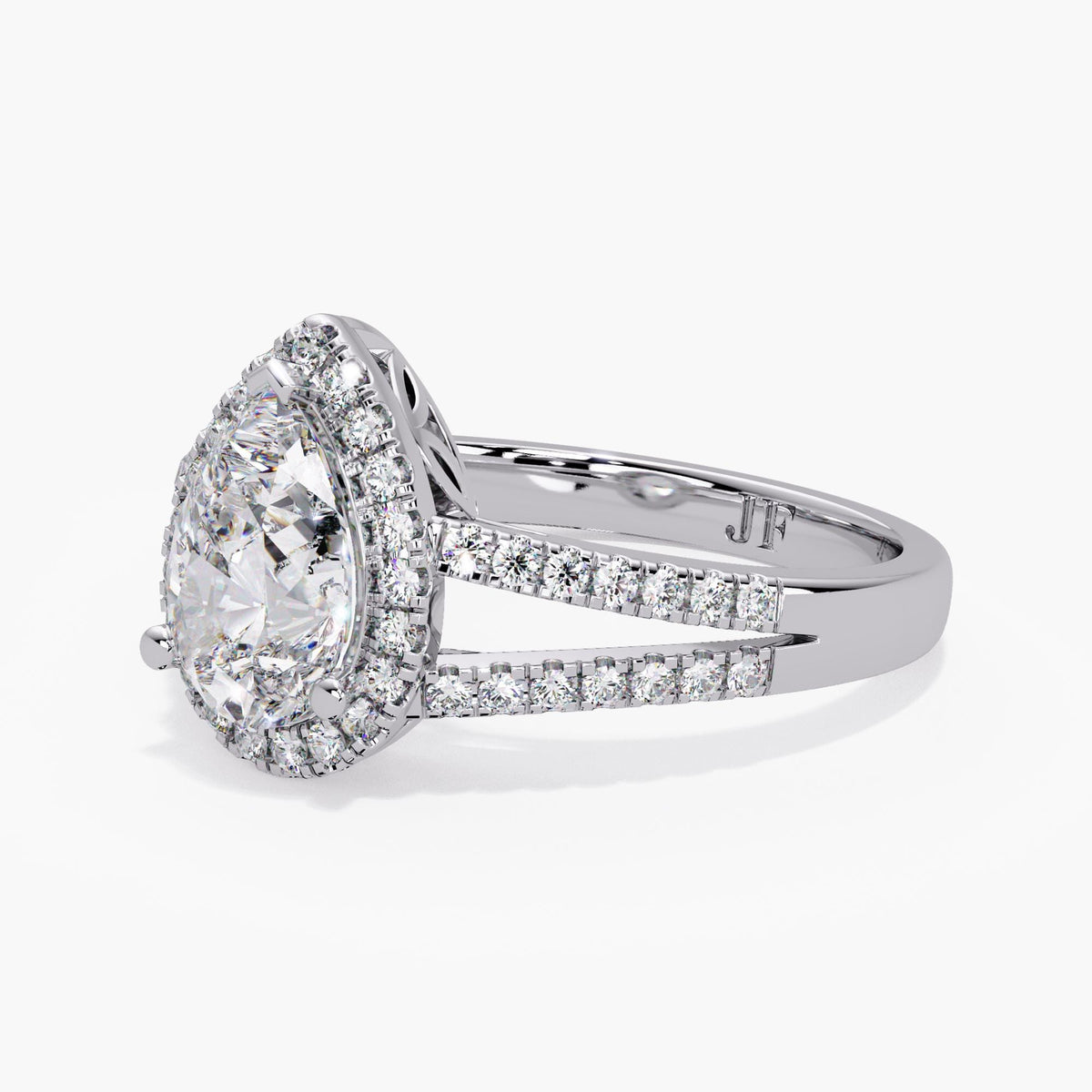 14K white Gold Pear Cut Lab Diamond Engagement Ring: Vintage Style Split Shank Halo Bridal Ring