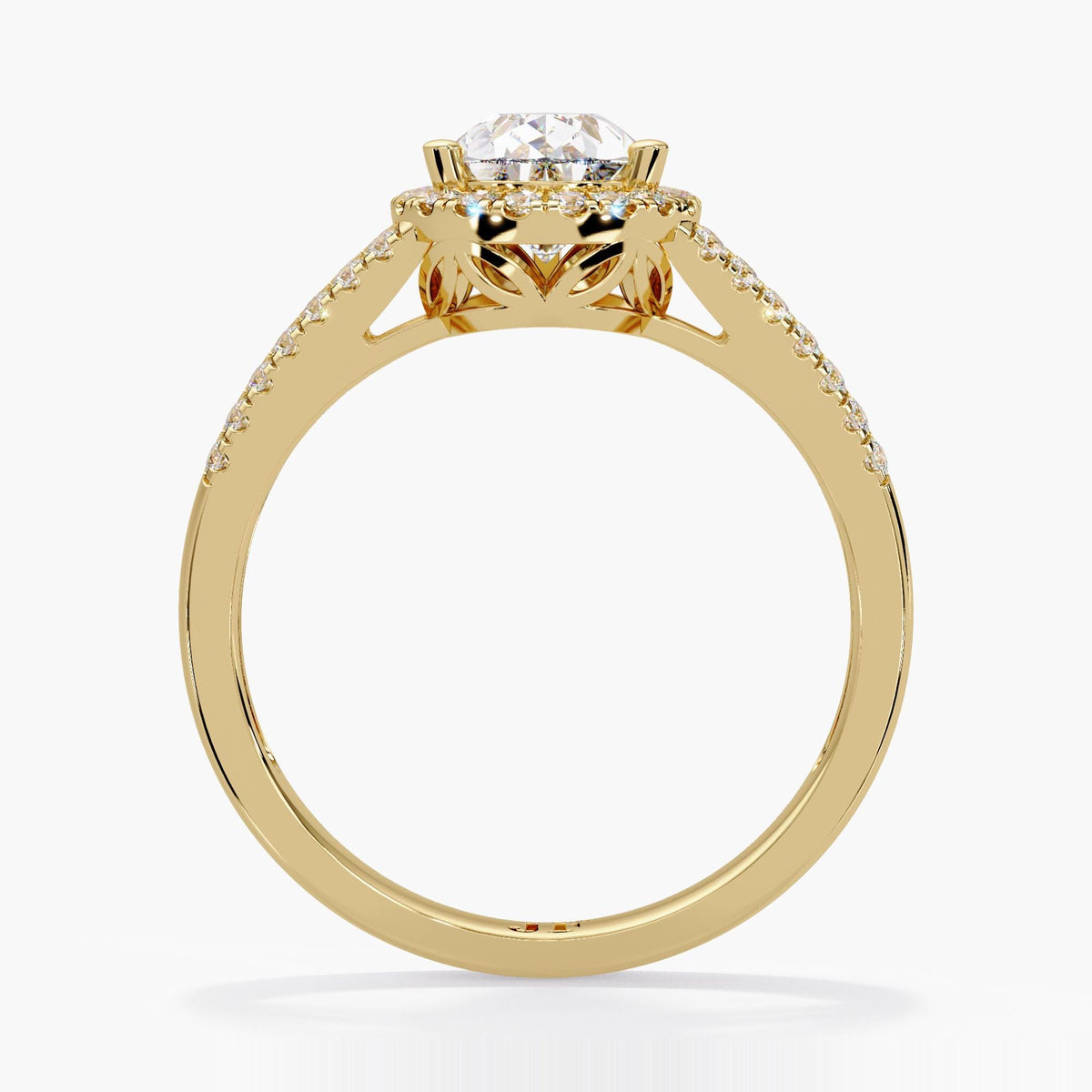 14K yellow Gold Pear Cut Lab Diamond Engagement Ring: Vintage Style Split Shank Halo Bridal Ring