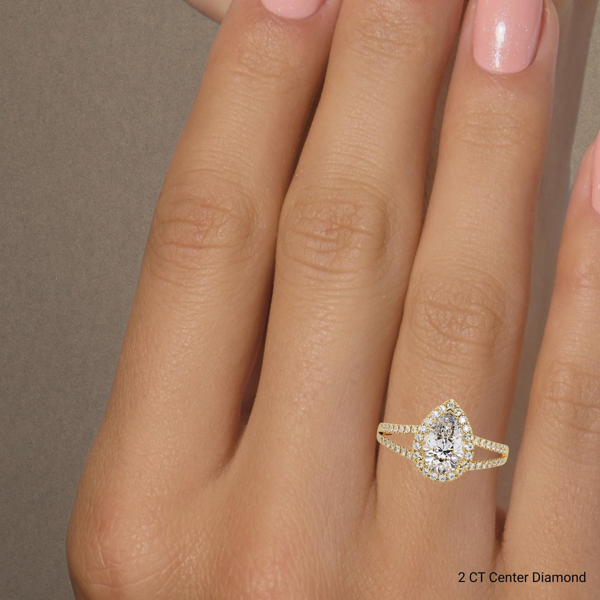 14K yellow Gold Pear Cut Lab Diamond Engagement Ring: Vintage Style Split Shank Halo Bridal Ring